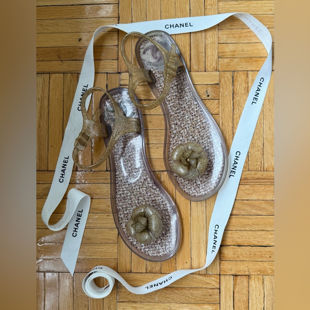 Chanel Camelia Glittering Gold Sandals